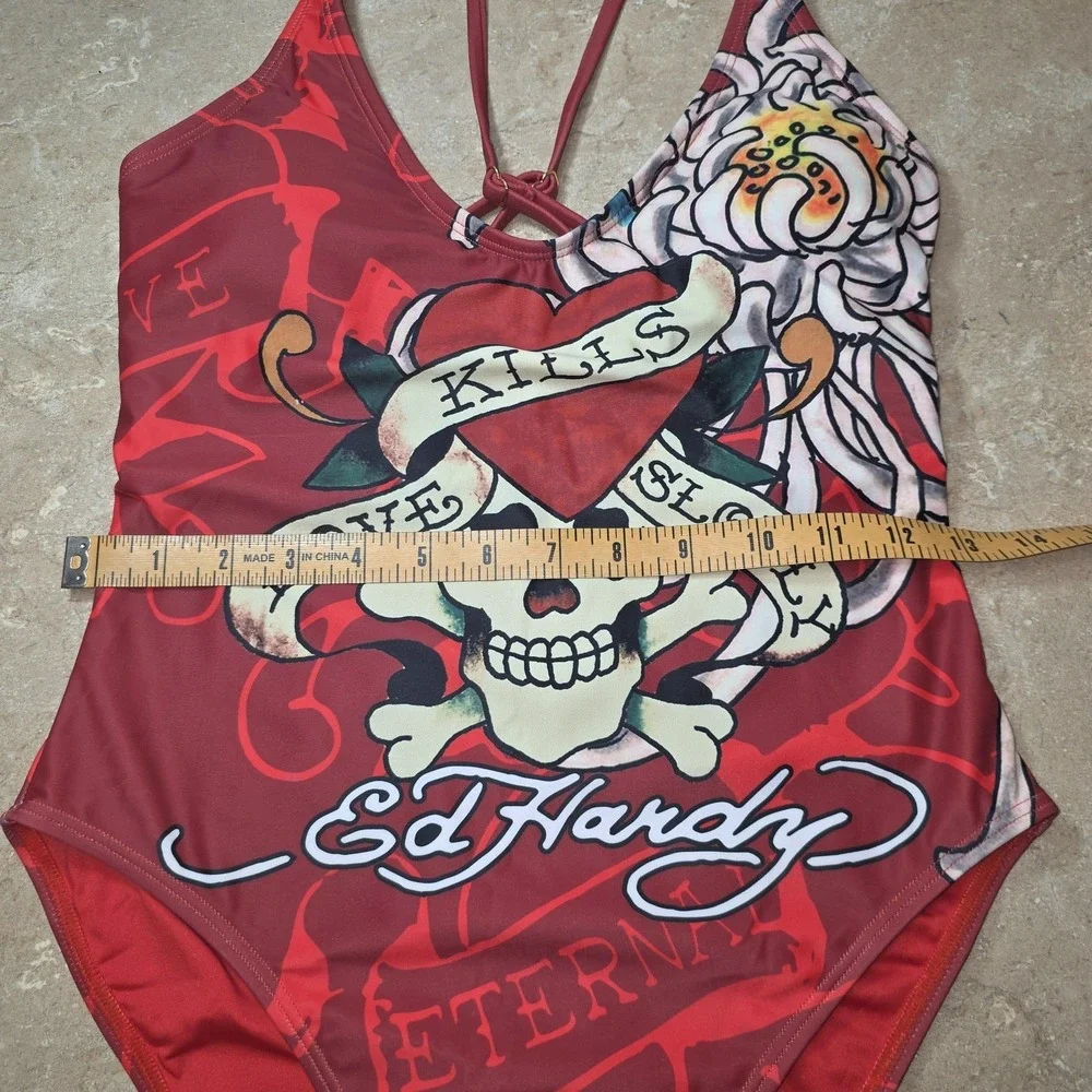 Y2K Ed Hardy Swimsuit Women L Red Love Kills Slowly One‎ Pc Tattoo Skull Graphic
